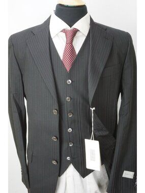 Tombolini Black Striped Silk Blend 3 Pc Suit Jacket Pants Vest Sz 36R Brand New